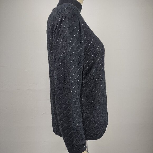 Carlisle black sparkly sequin 100% Silk mock neck knit top blouse ladies Large - Picture 4 of 7